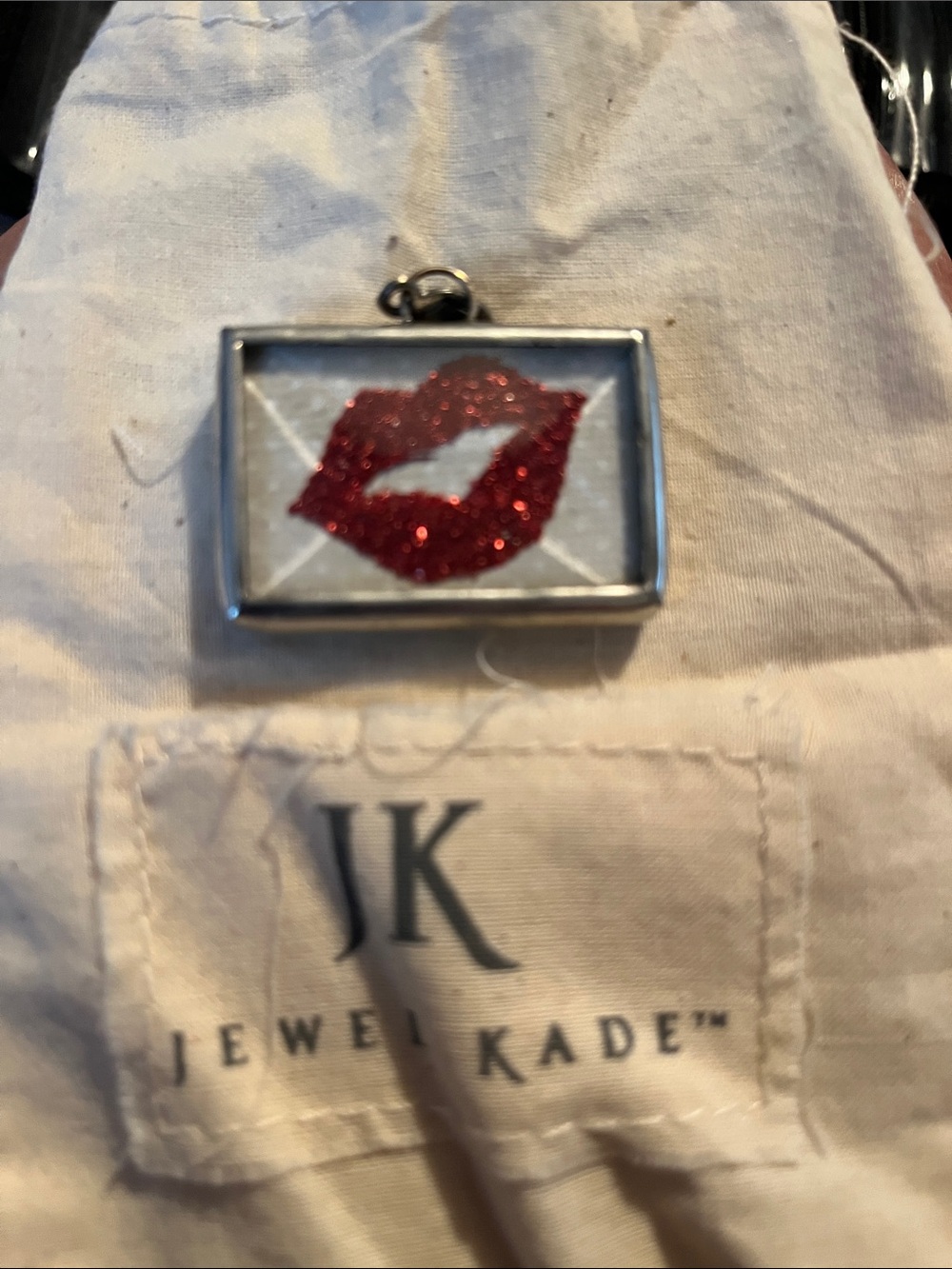 Jewel Kade Red Glitter Kiss Rectangle Pendant Necklace